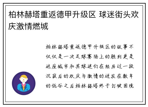 柏林赫塔重返德甲升级区 球迷街头欢庆激情燃城