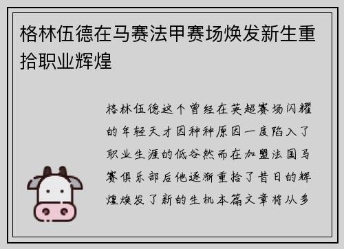 格林伍德在马赛法甲赛场焕发新生重拾职业辉煌 格林伍德在马赛法甲赛场焕发新生重拾职业辉煌