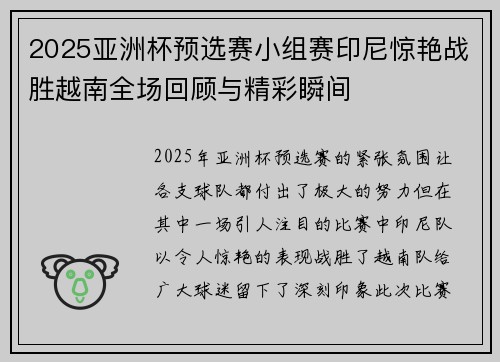 2025亚洲杯预选赛小组赛印尼惊艳战胜越南全场回顾与精彩瞬间